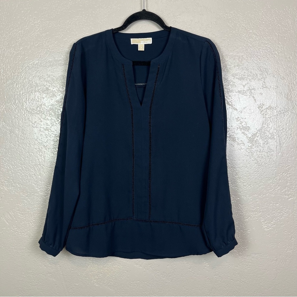 MICHAEL Michael Kors Navy Blue V-neck Long Sleeve Blouse‎ Size M - Picture 2 of 14